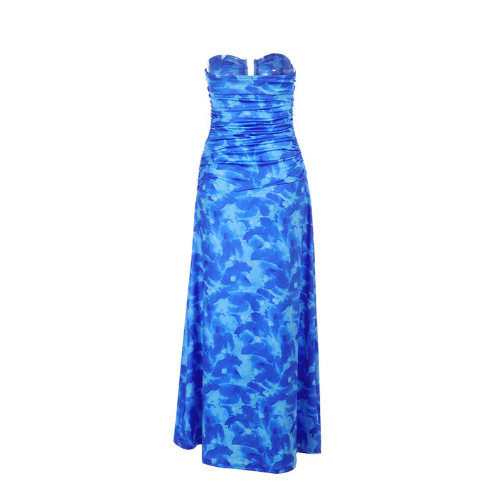 Blue Printed Tube Dress With Side Slit