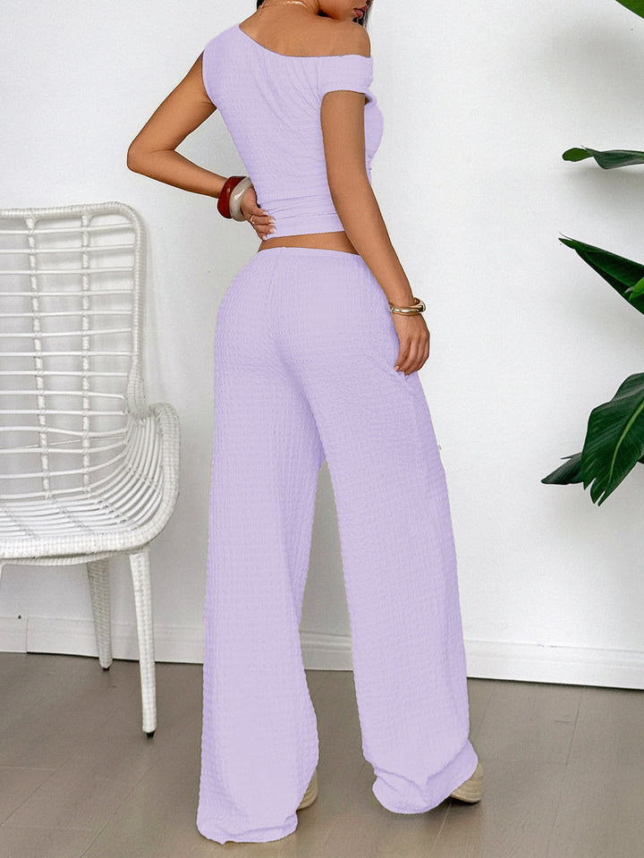 Purple Textured Top And Pants Co-Ord Set
