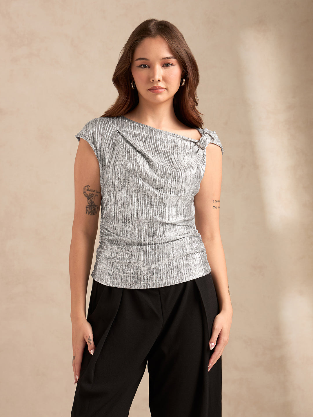 Silver Metallic Textured Twisted Strap Top
