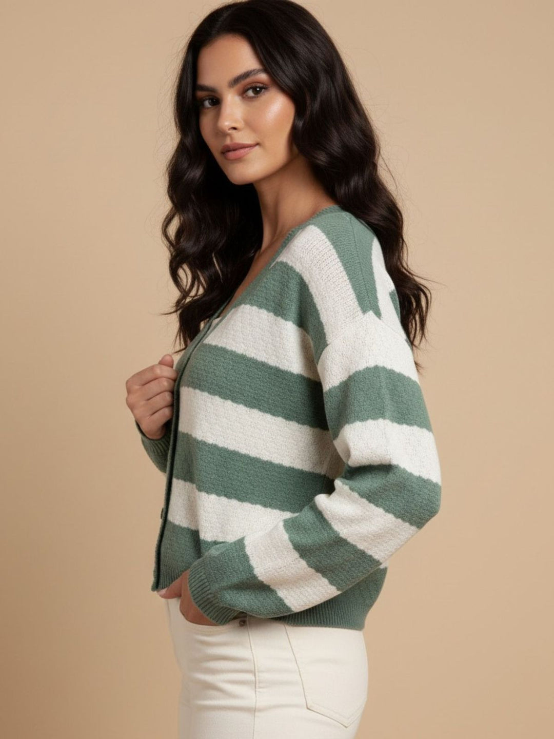 Green Striped Boxy Cardigan