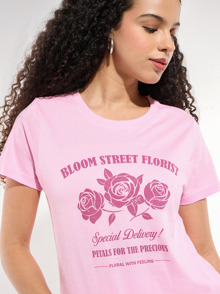 Pink Crew Neck Graphic Tshirt