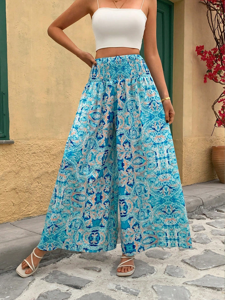 Blue Printed Waist Fitted Trousers