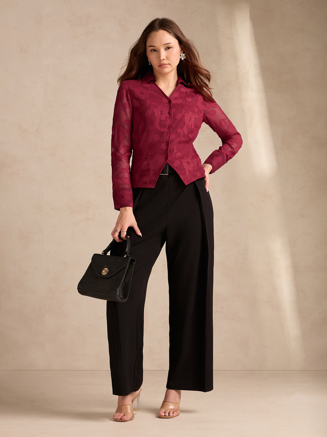 Red Regular Fit Long Sleeves Shirt In Jacquard Fabric