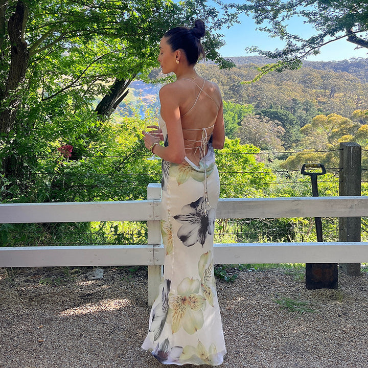 Offwhite Floral Print Back Tie Up Slip Maxi Dress