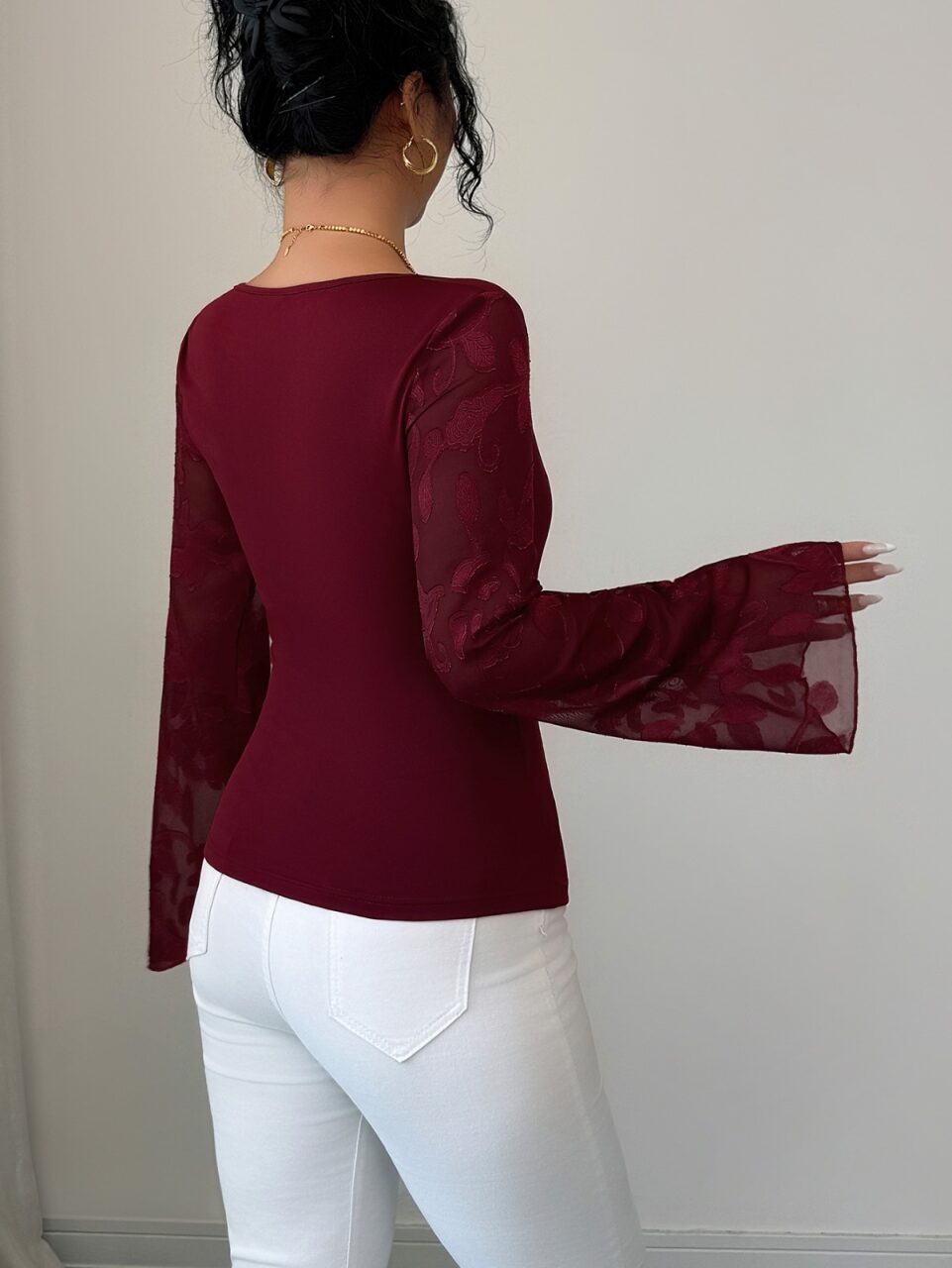 Wine Scoop Neck Top With Lace Bell Sleeves