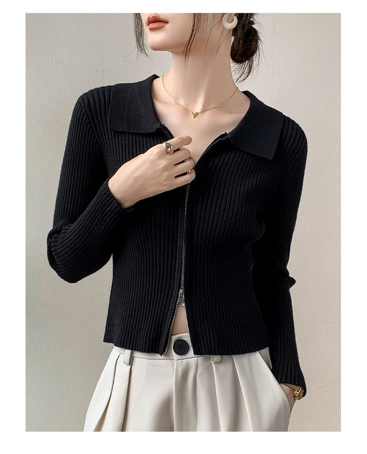Black Full Sleeve Collared Front Zip Top