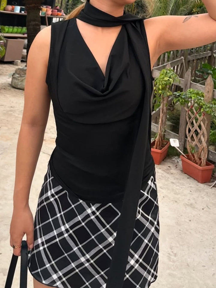 Black Cowl Neck Neck Tie Up Sleeveless Top