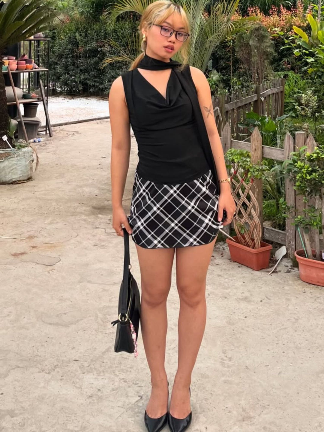 Black Cowl Neck Neck Tie Up Sleeveless Top