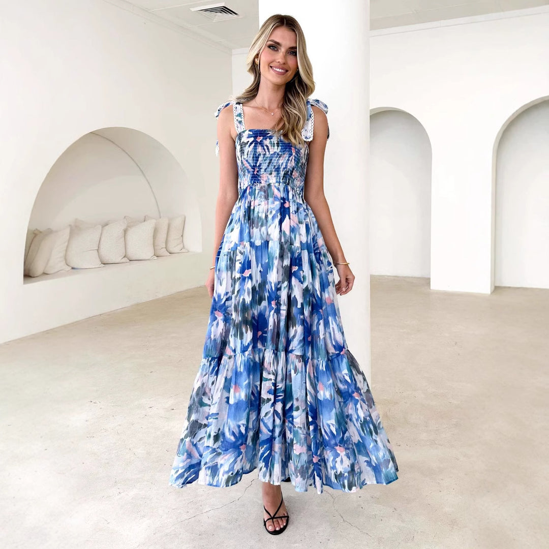 Blue Bold Printed Tiered Tie Up Dress