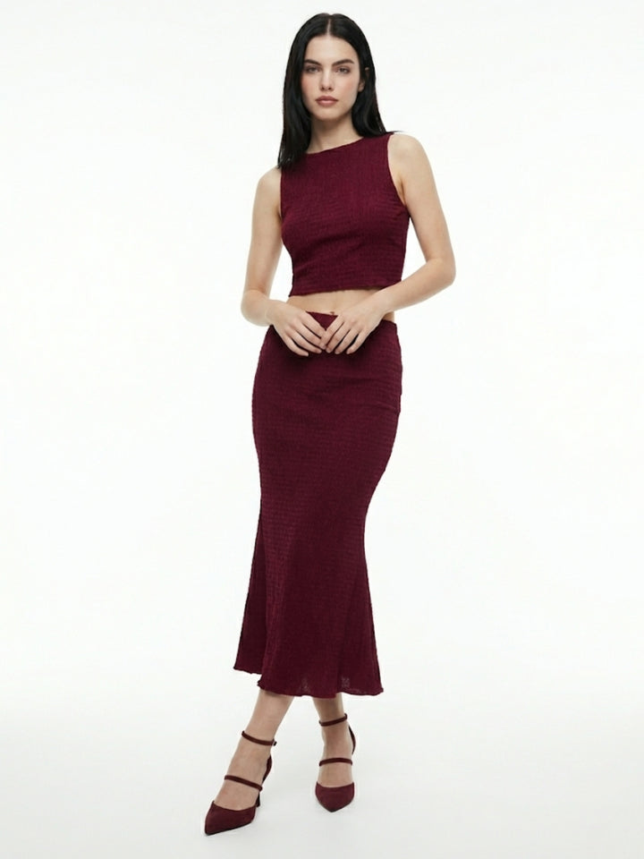Burgundy Fish-Tail Fit Skirt With Peplum Hem