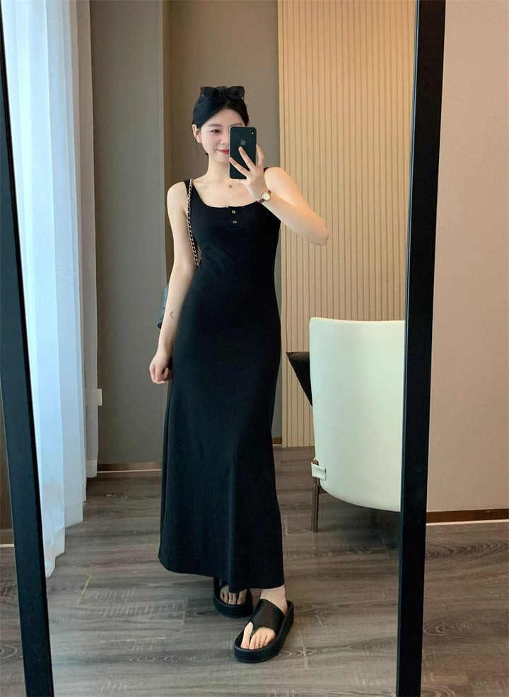 Solid Black Button Down Jersey Dress