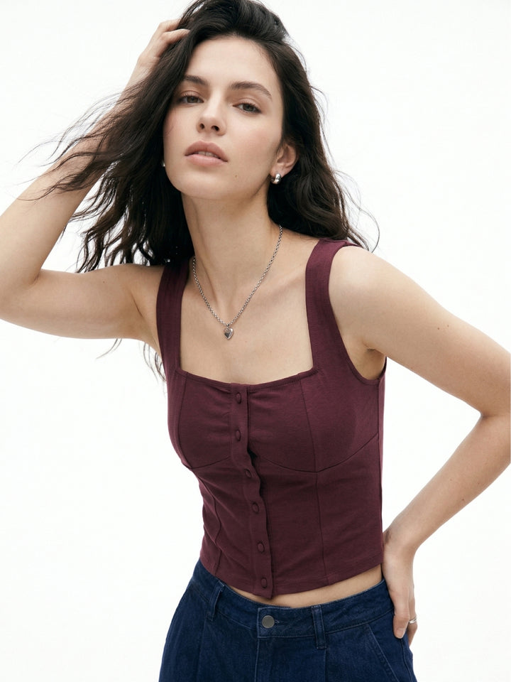 Wine Button Down Square Neck Top