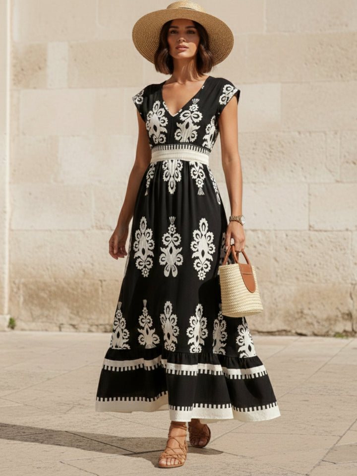 Black Short Sleeve V Neck Printed Flared Dress