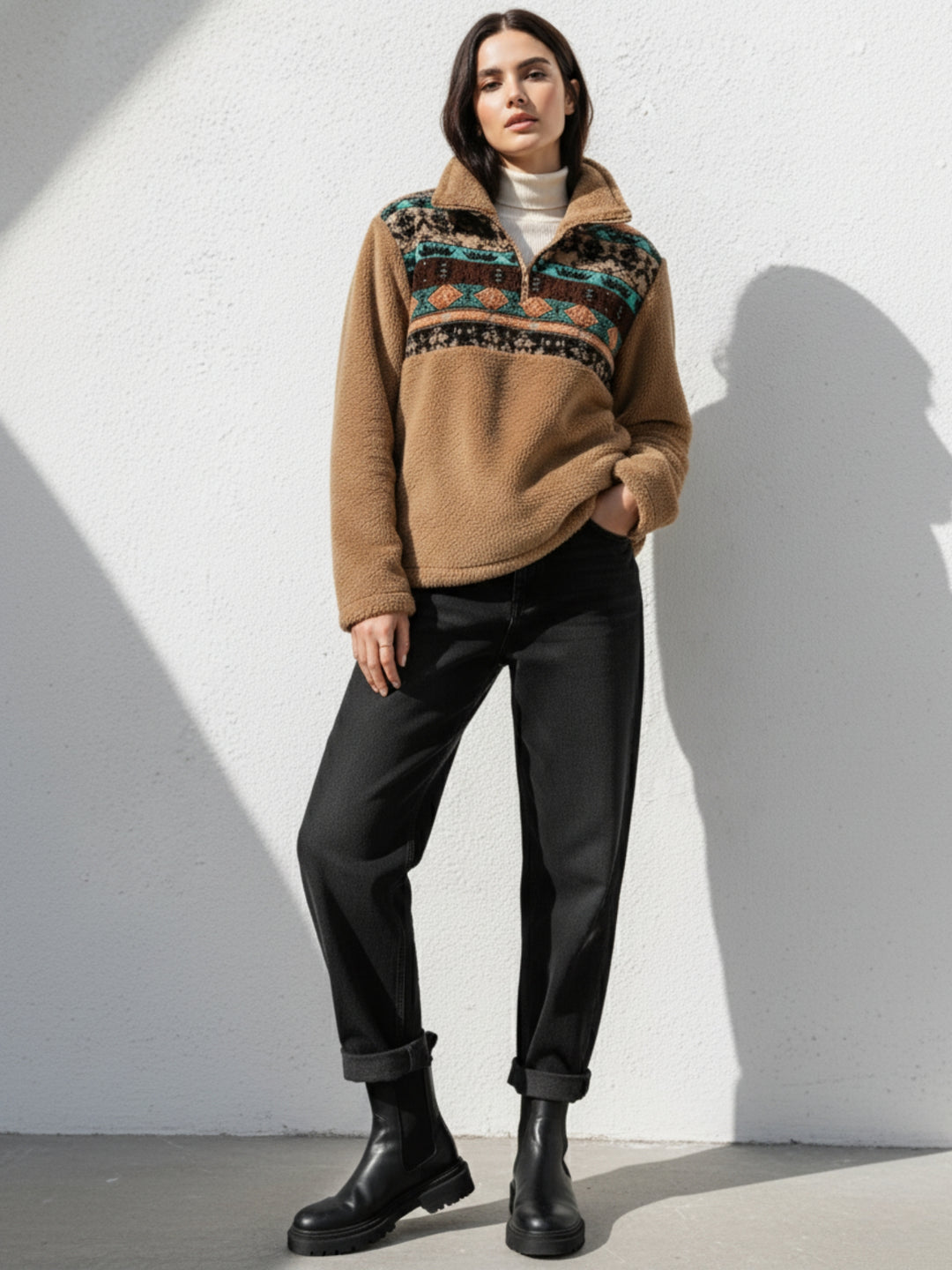 Brown Full Sleeve Printed Half Zip Sweatshirt