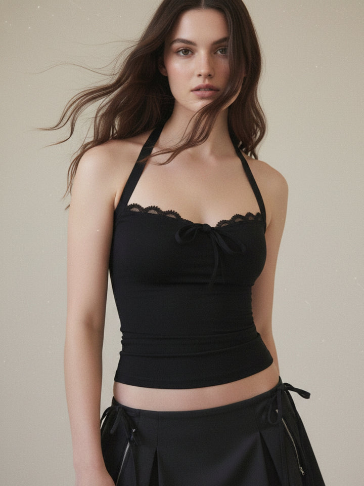Black Halter Neck Lace Detail Top