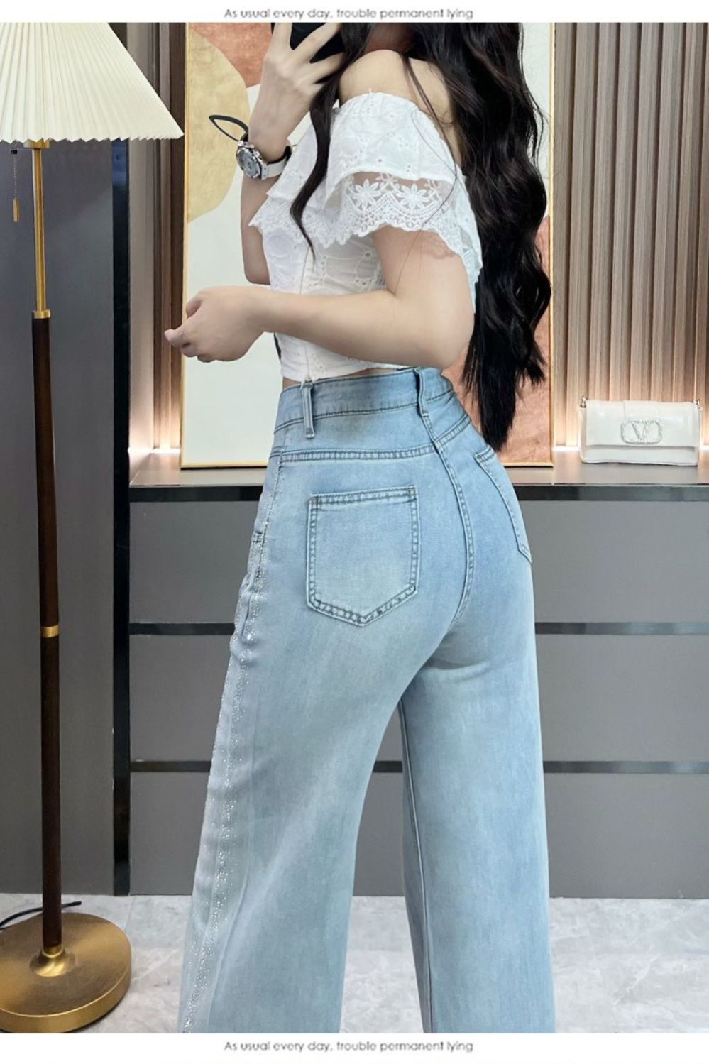 Light Blue High Waist Frayed Wide Leg Jeans