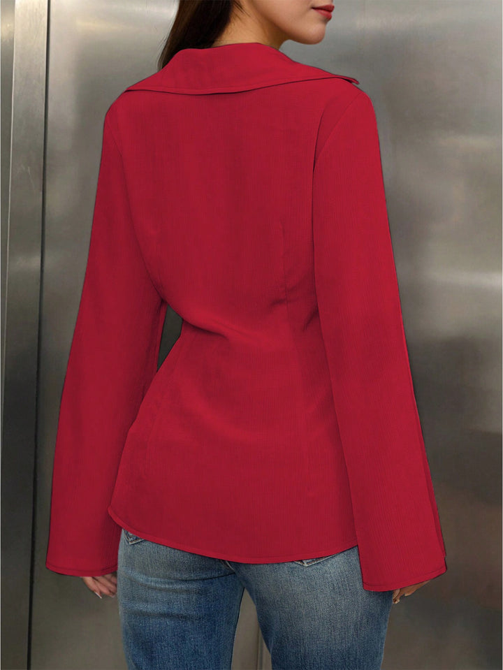 Red V-Neck Long Sleeve Shirt