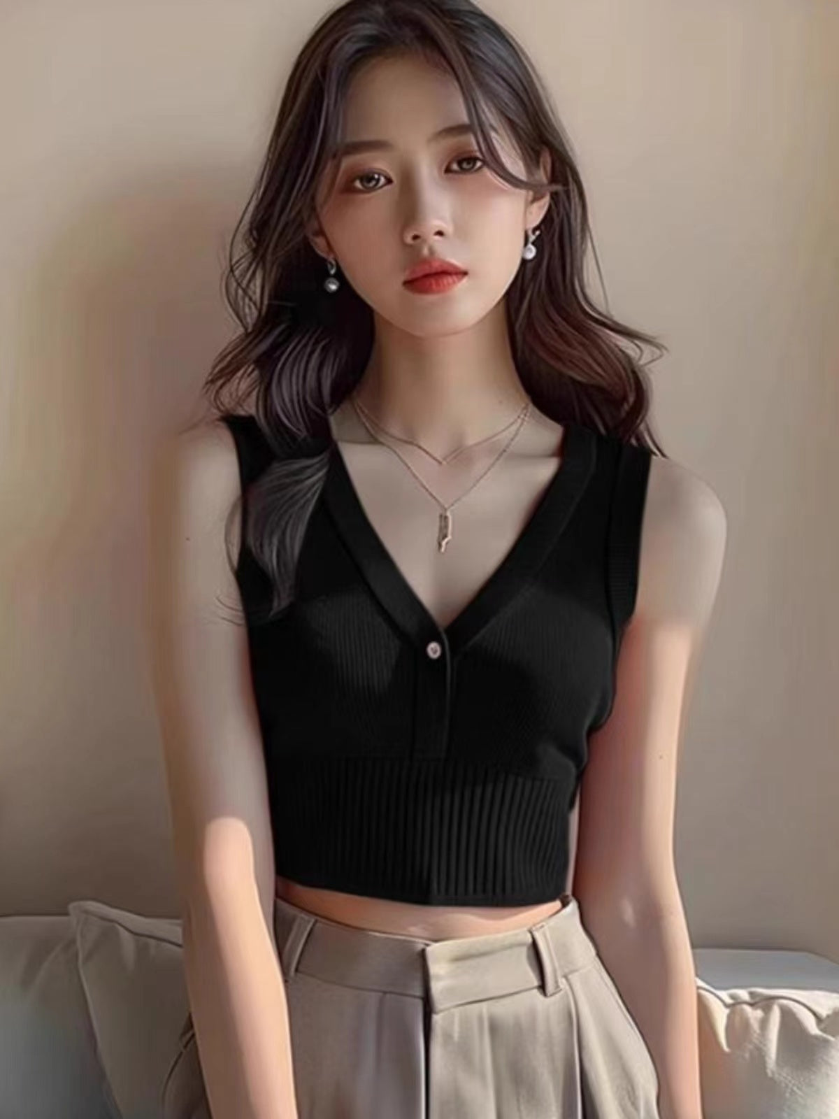Black Plunge Neck Tank Top