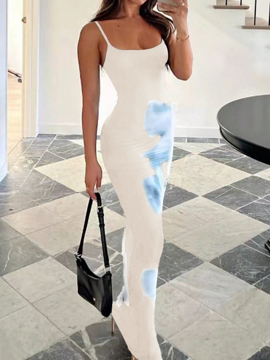 Cream Spaghetti Strap Printed Dress
