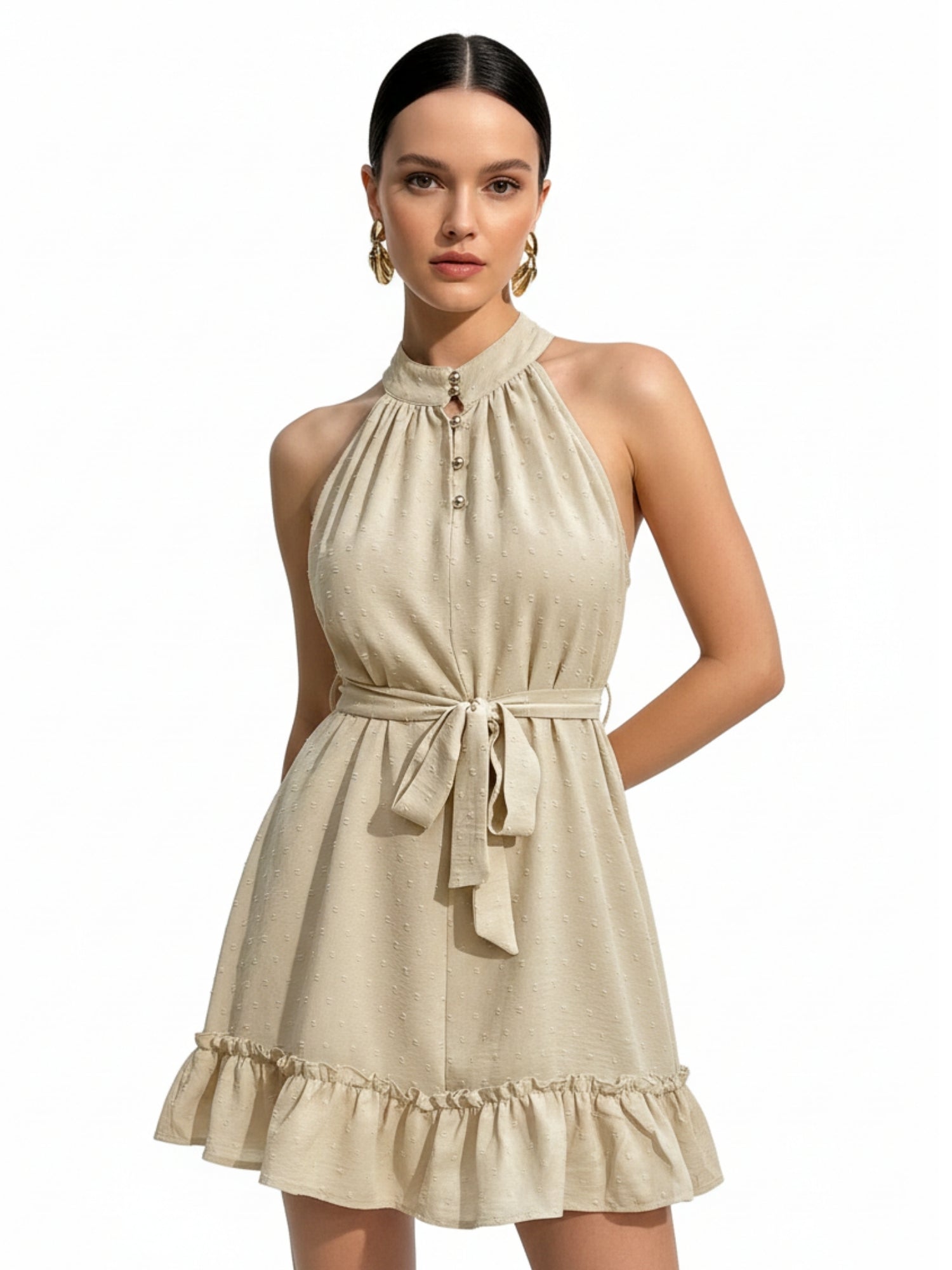 Peach Halter Neck Waist Tie-Up Ruffle Hem Dress