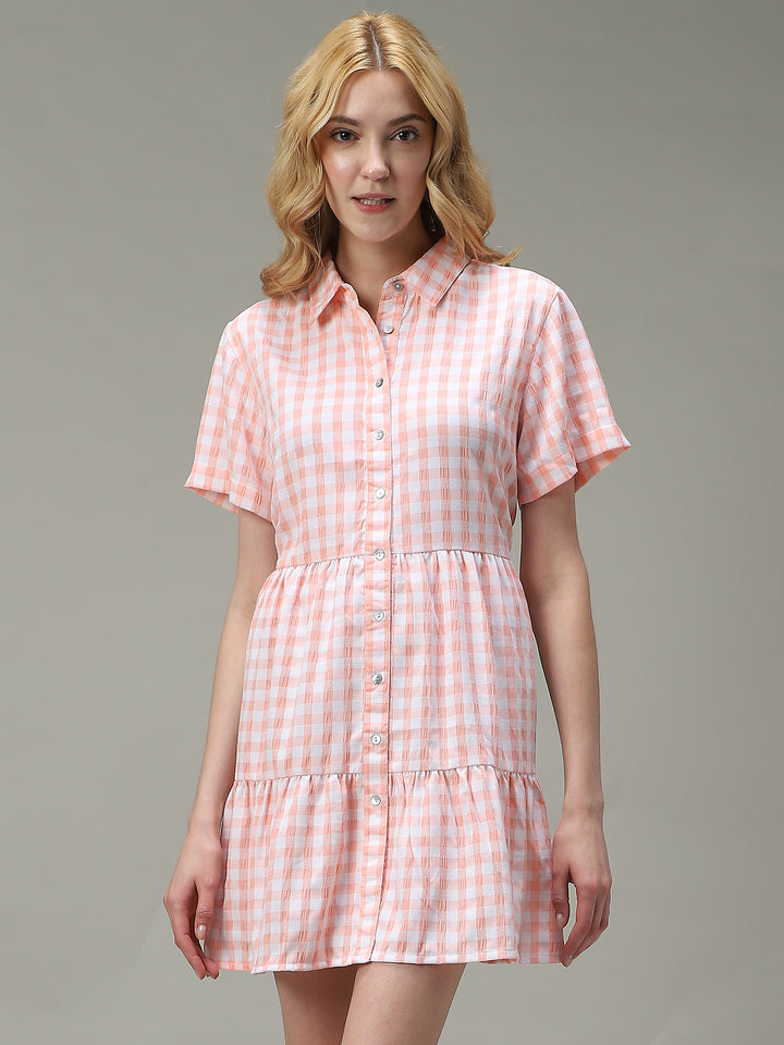 Peach Checkered Tiered Dress