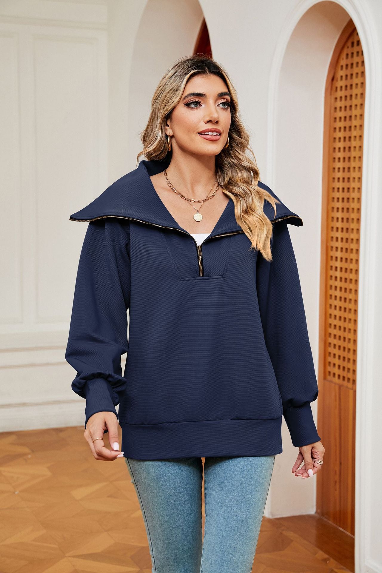 Navy Blue Full Sleeves Big Collar Half Zip Sweatshirt