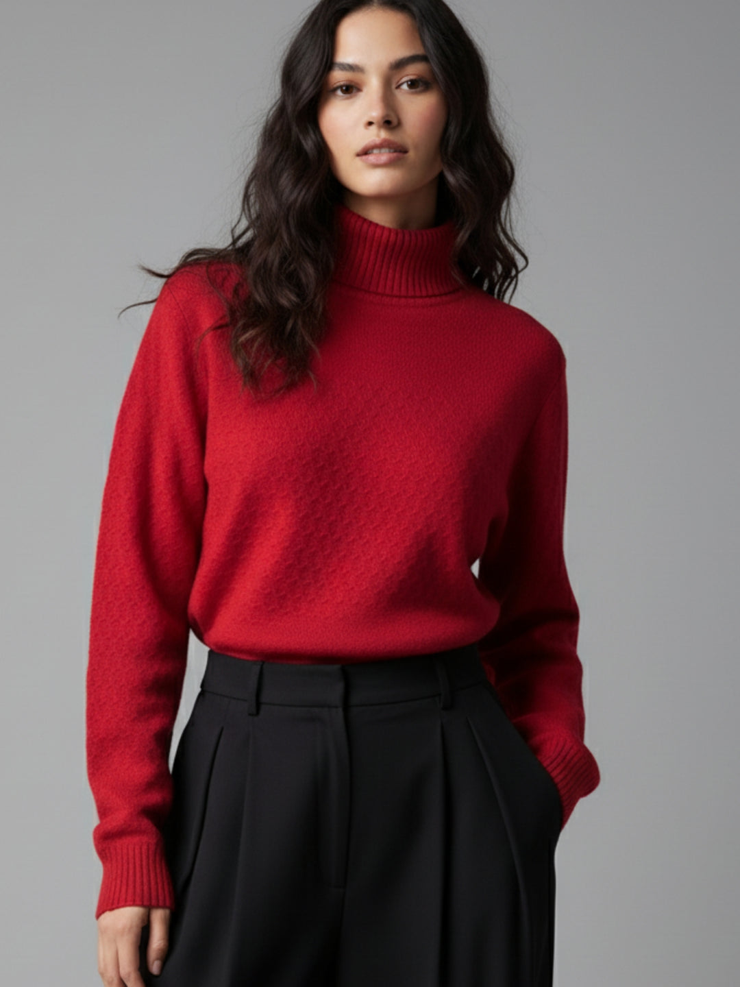 Red High Neck Honey Comb Textured Sweater