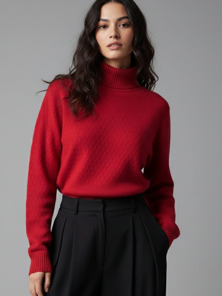 Red High Neck Honey Comb Textured Sweater
