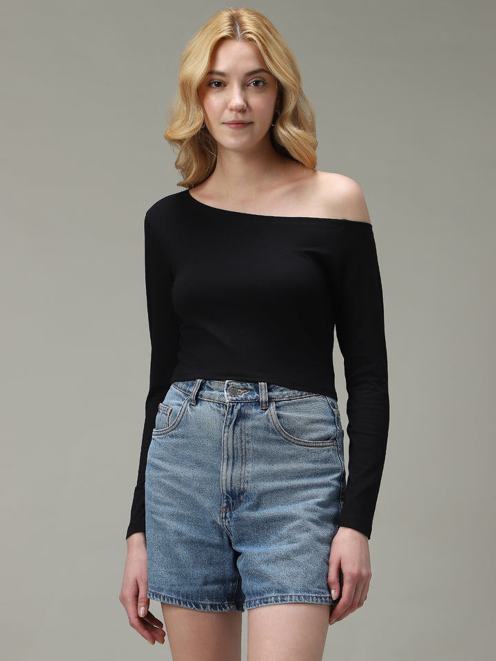 Black Off-Shoulder Fitted Top