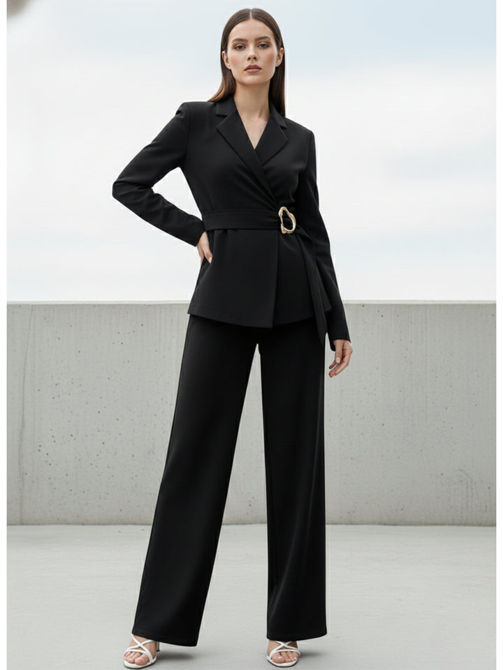 Black Full Sleeve Belted Detail Top And Pant Set
