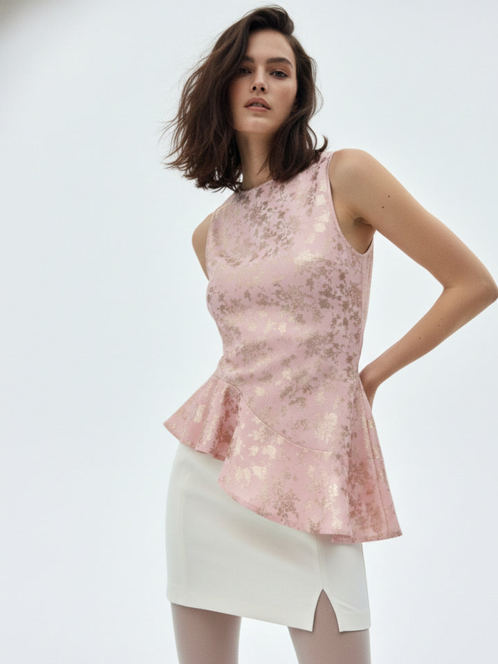 Pink Asymmetric Flouncy Foil Printed Top