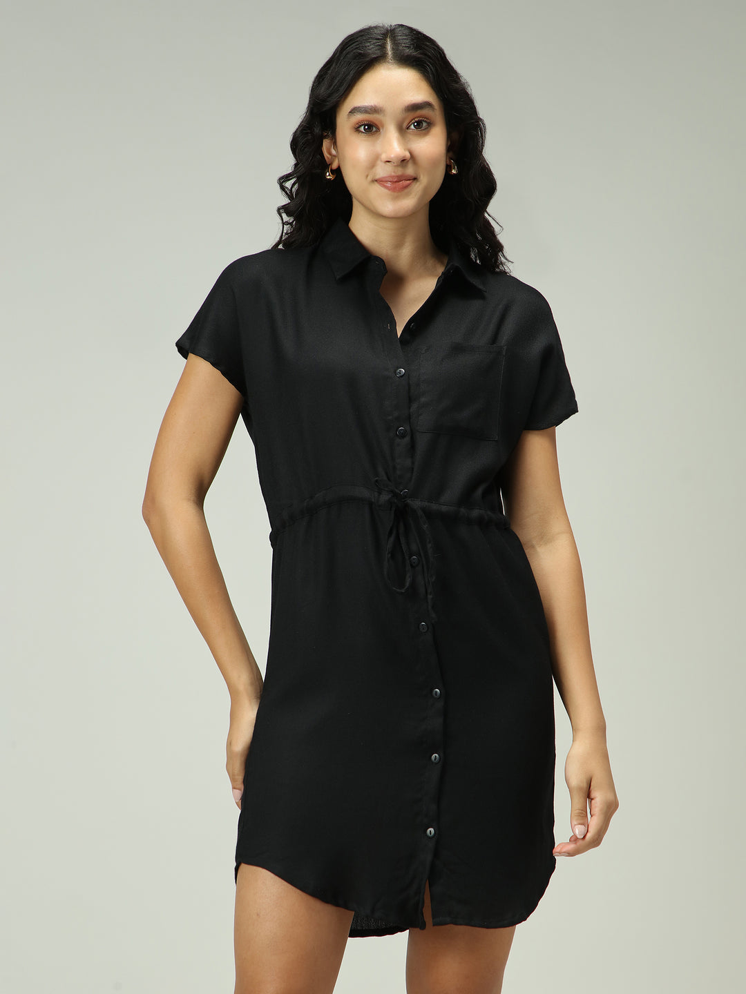 Black Shirt Dress With Elasticated Waist