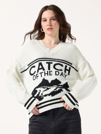 Off White V Neck Graphic Sweater