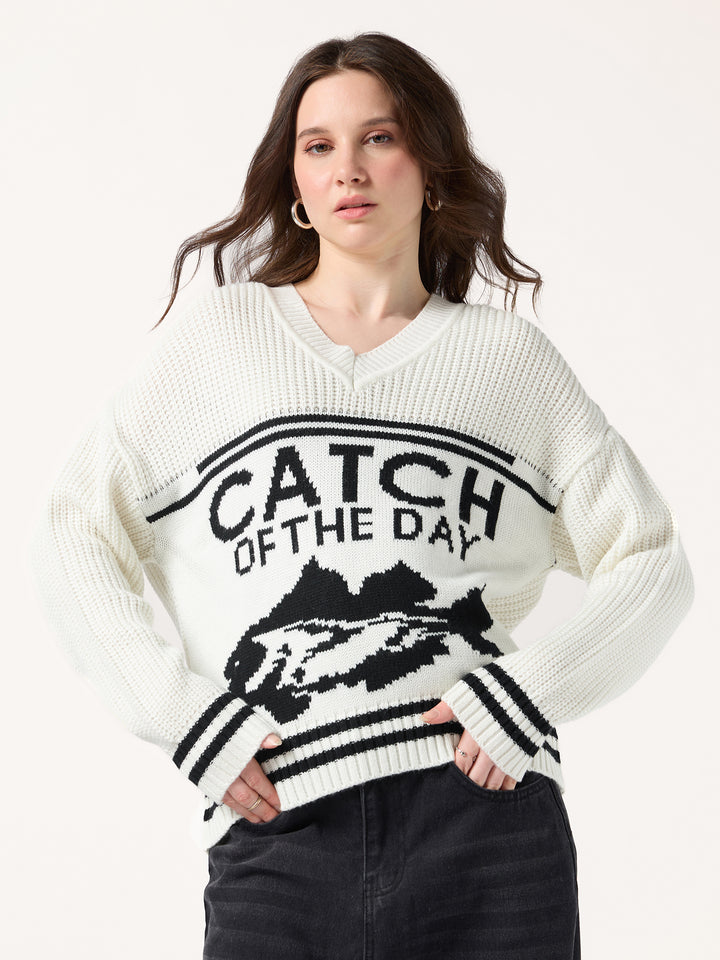 Off White V Neck Graphic Sweater