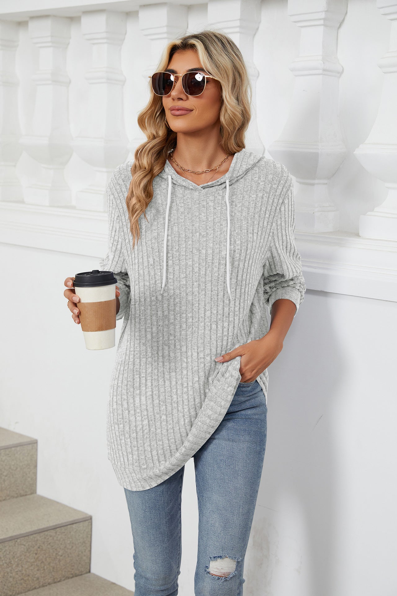Grey Full Sleeves Solid Hooded Top