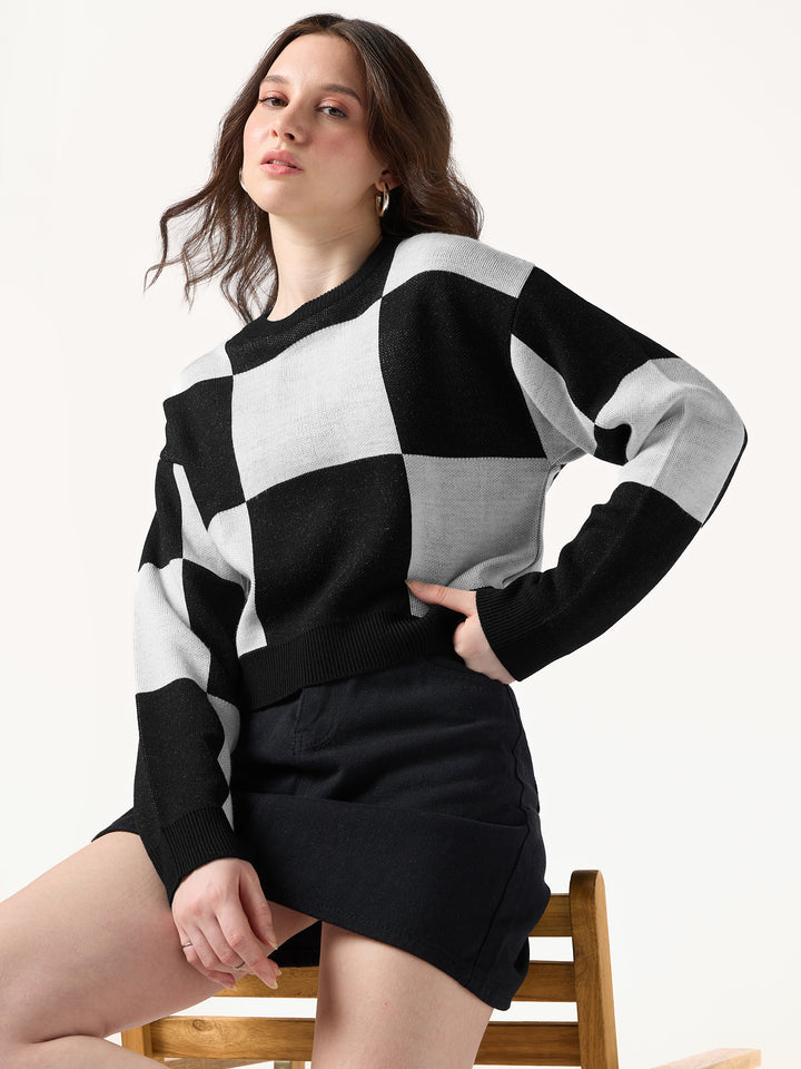 Black Colour Block Checkered Sweater