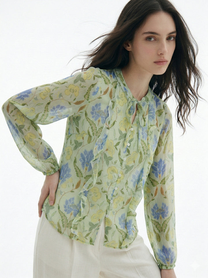 Green Printed With Ruffle Details Blouse
