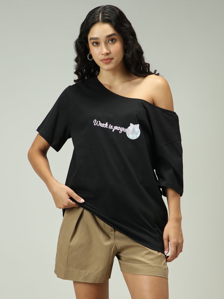 Black One Shoulder Graphic T-Shirt