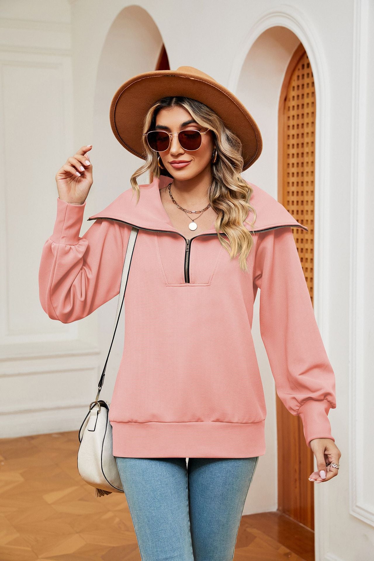 Peach Full Sleeves Big Collar Half Zip Sweatshirt