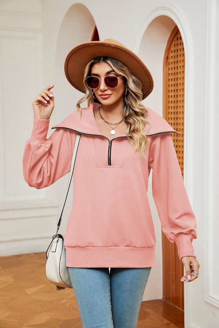 Peach Full Sleeves Big Collar Half Zip Sweatshirt