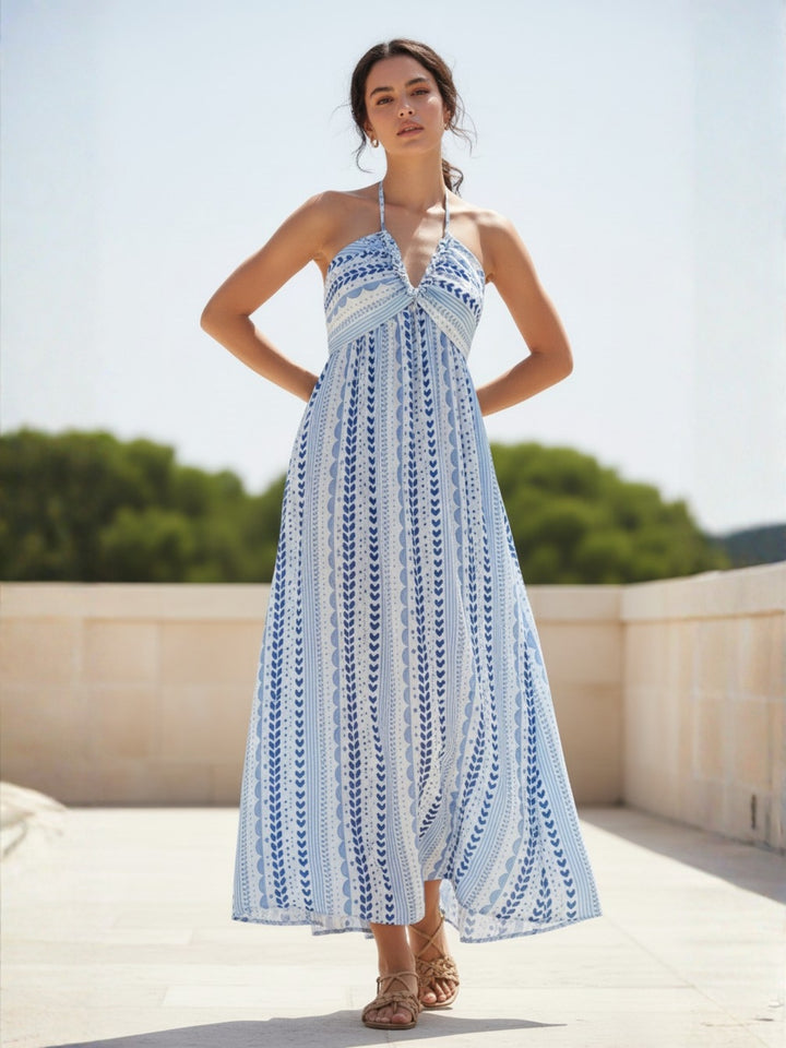 Blue Halter Neck Printed Dress