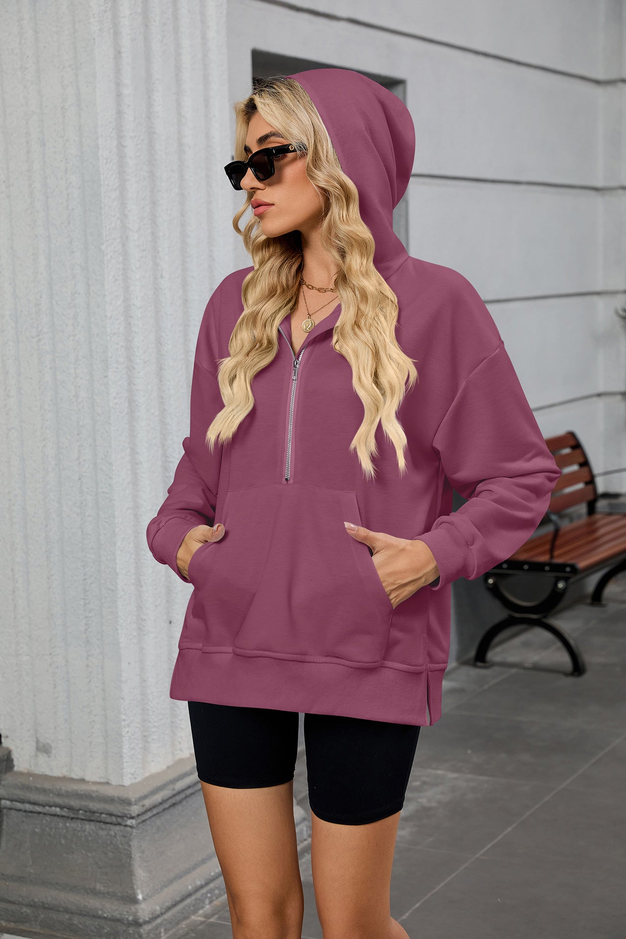 Mauve Full Sleeves Half Zip Collared Sweatshirt