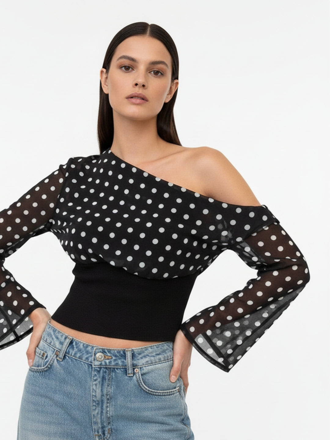 Black Off-Shoulder Polka-Dotted Top