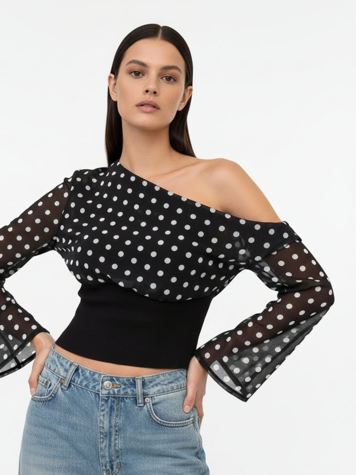 Black Off-Shoulder Polka-Dotted Top