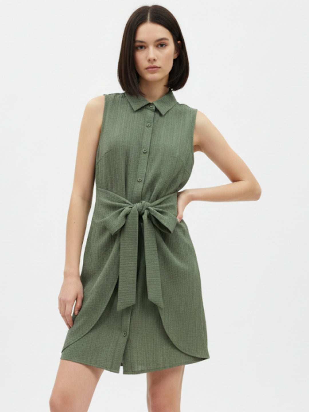 Green Waist Tie-Up Collared Dress