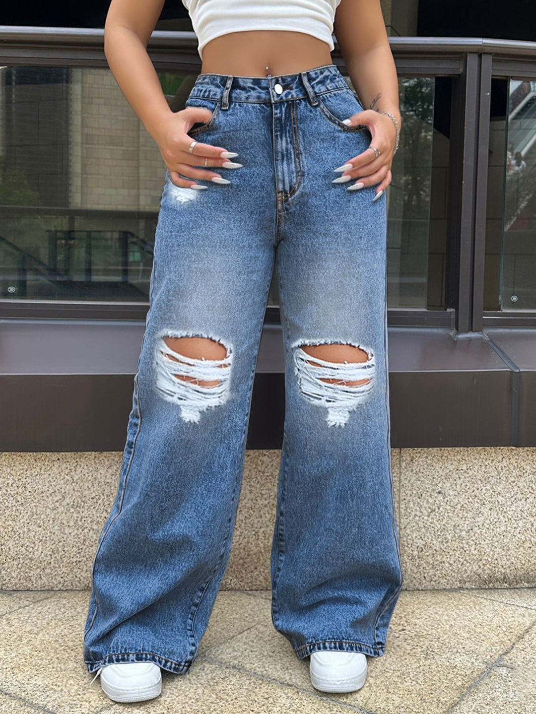 Blue Distressed Washed Wide Leg Denim
