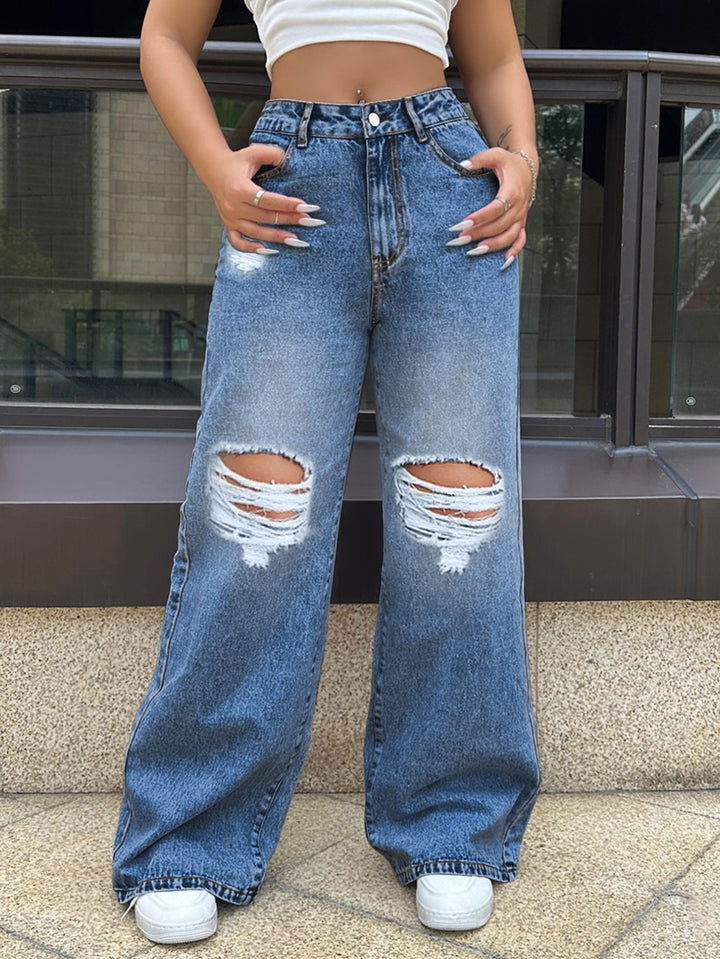Blue Distressed Washed Wide Leg Denim