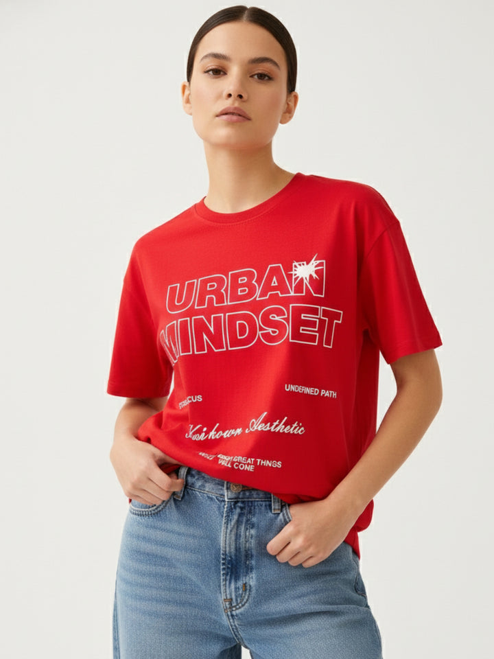 Red Crew Neck Graphic Tshirt