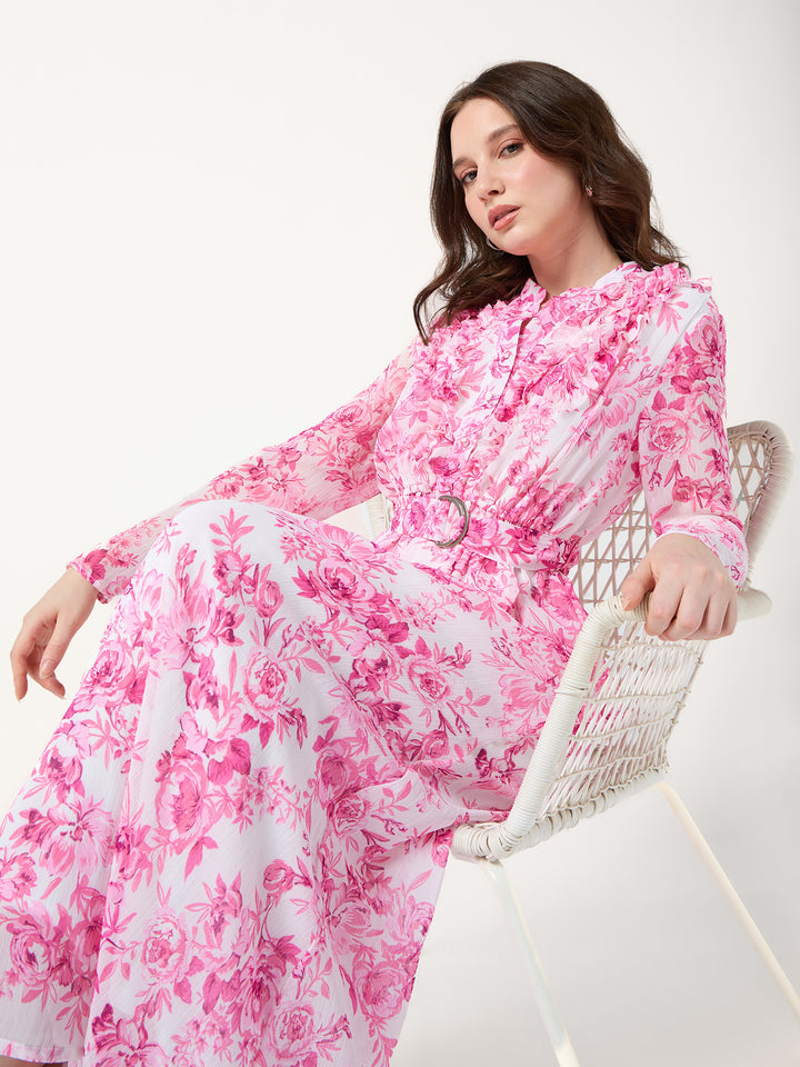 Pink Printed Flared Dress With Halter Neck With Belt Detail