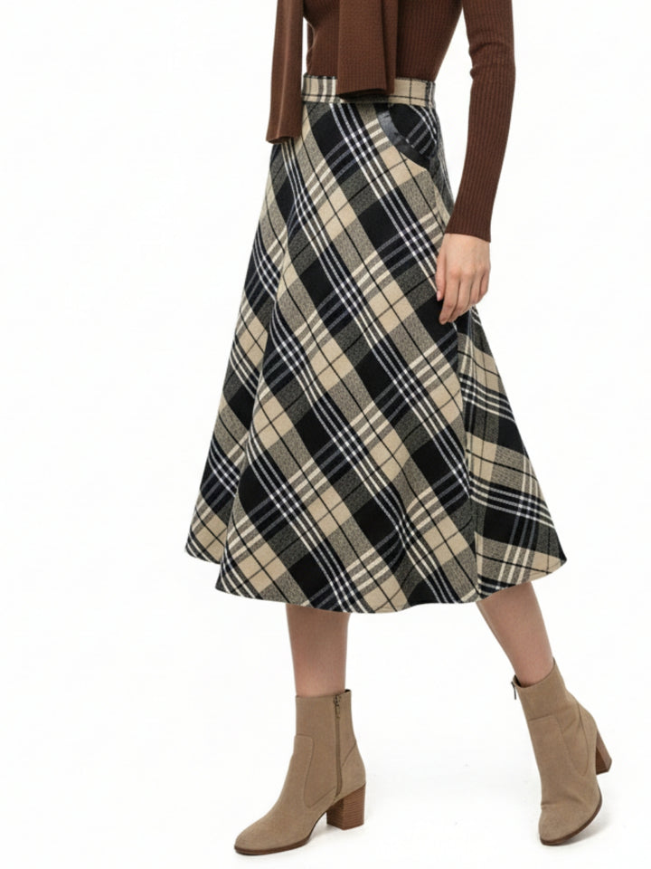 Beige Flared Checkered Skirt